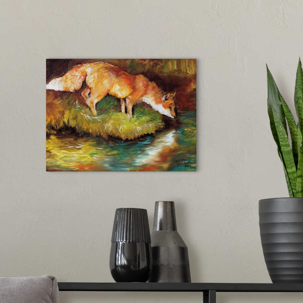 A modern room featuring Contemporary painting of a fox about to drink from a flowing river, created with an impressionist...