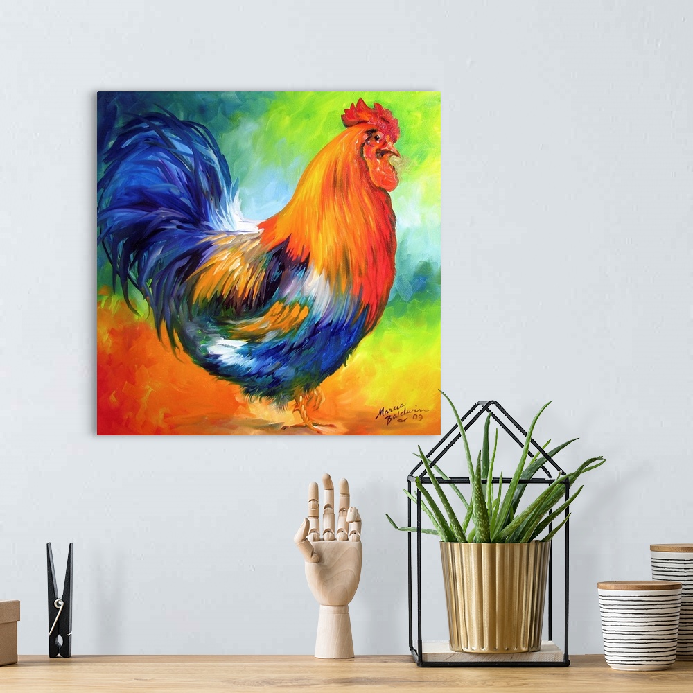 A bohemian room featuring Square painting of a red, orange, and blue rooster on a colorful background.