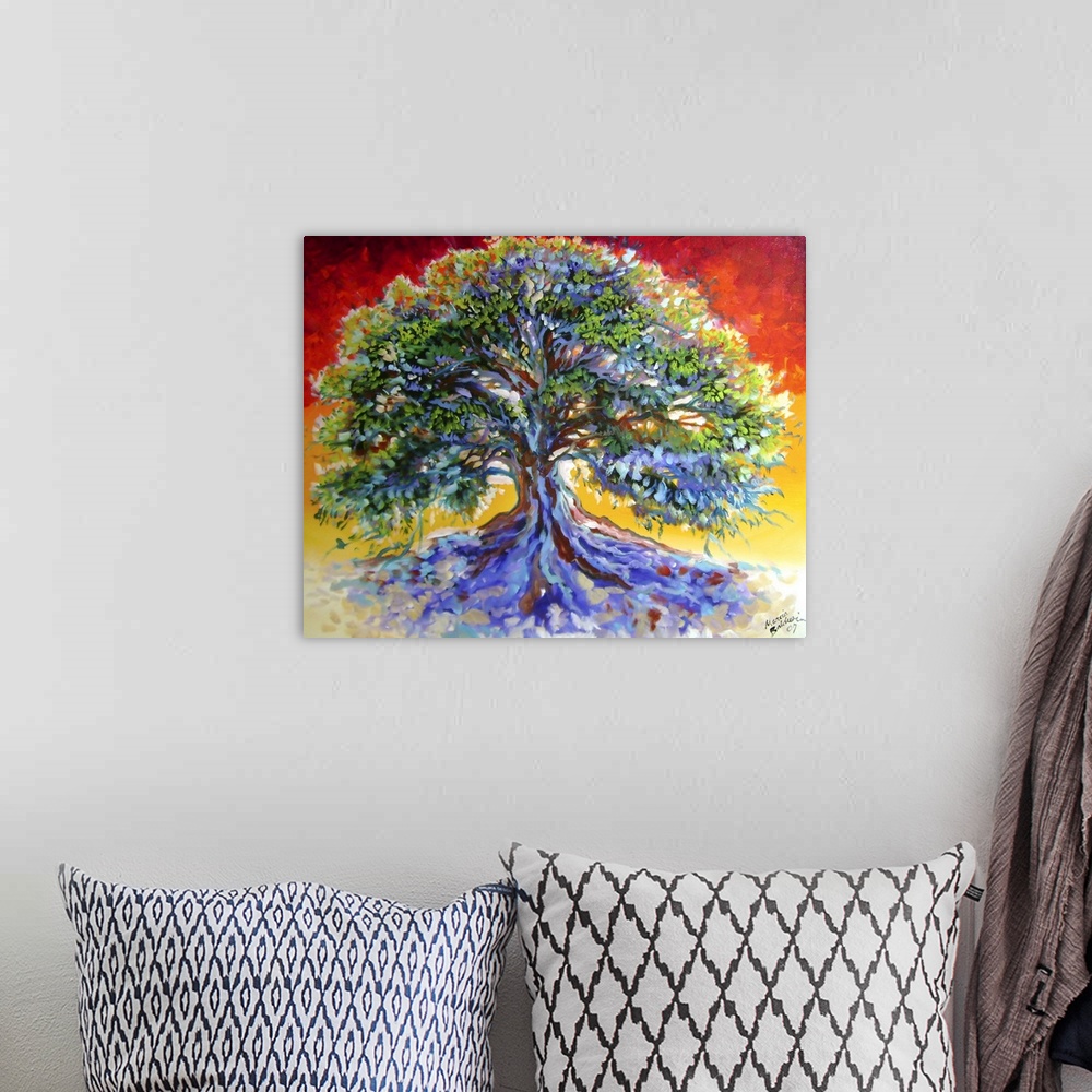 A bohemian room featuring This old oak tree is captured on canvas with a crimson sky and bold colorful shadows cast from th...