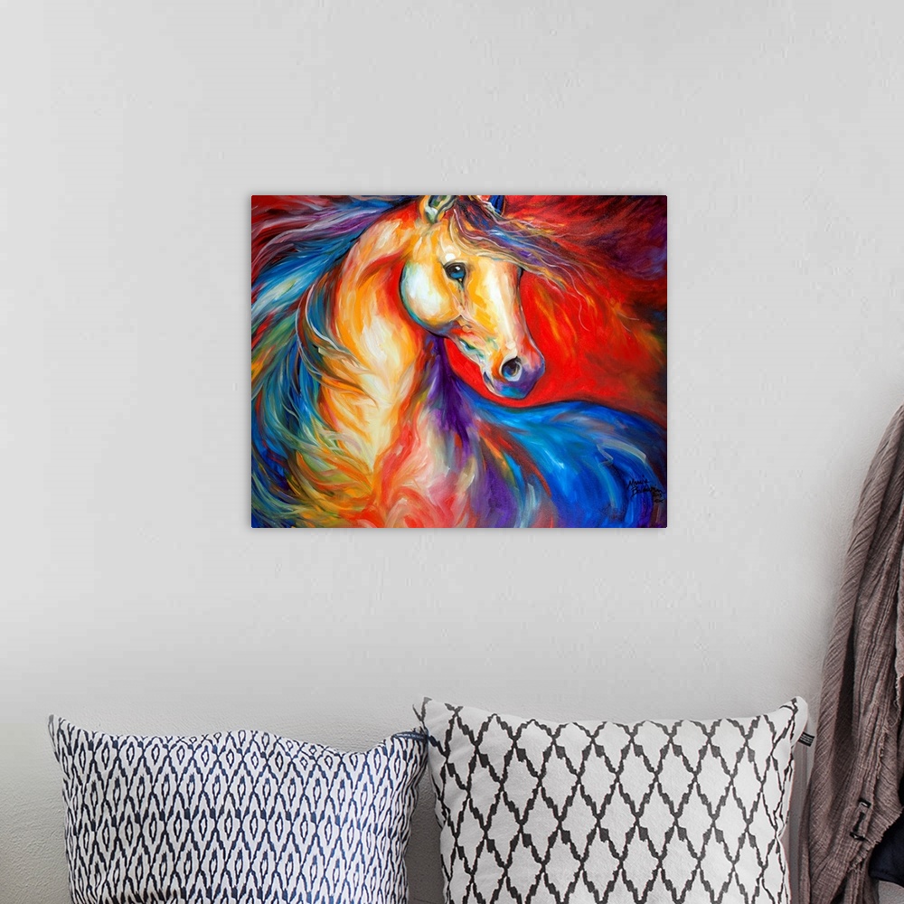 A bohemian room featuring Painting capturing the wild horse mustang on canvas with the sense of freedom, bold and expressiv...