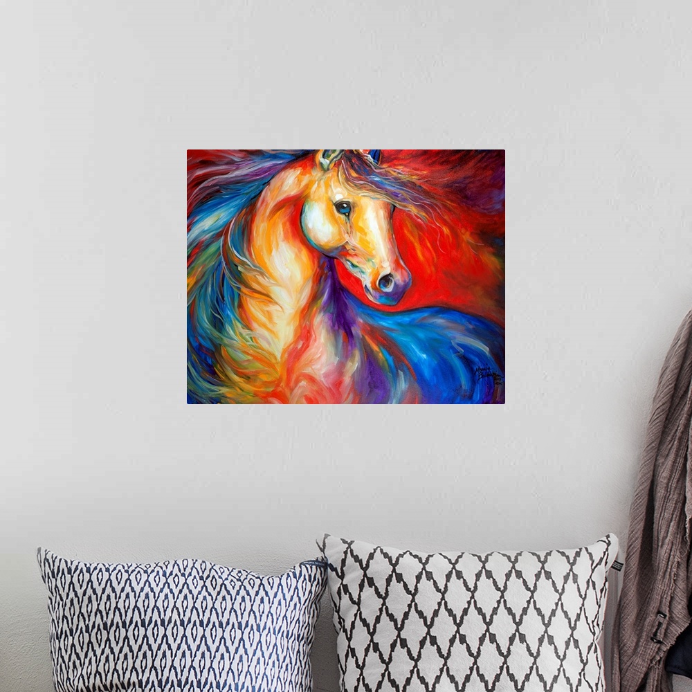 A bohemian room featuring Painting capturing the wild horse mustang on canvas with the sense of freedom, bold and expressiv...