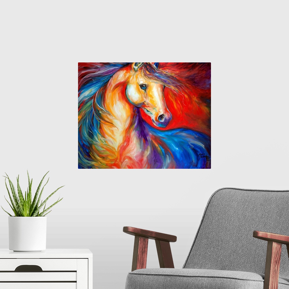 A modern room featuring Painting capturing the wild horse mustang on canvas with the sense of freedom, bold and expressiv...