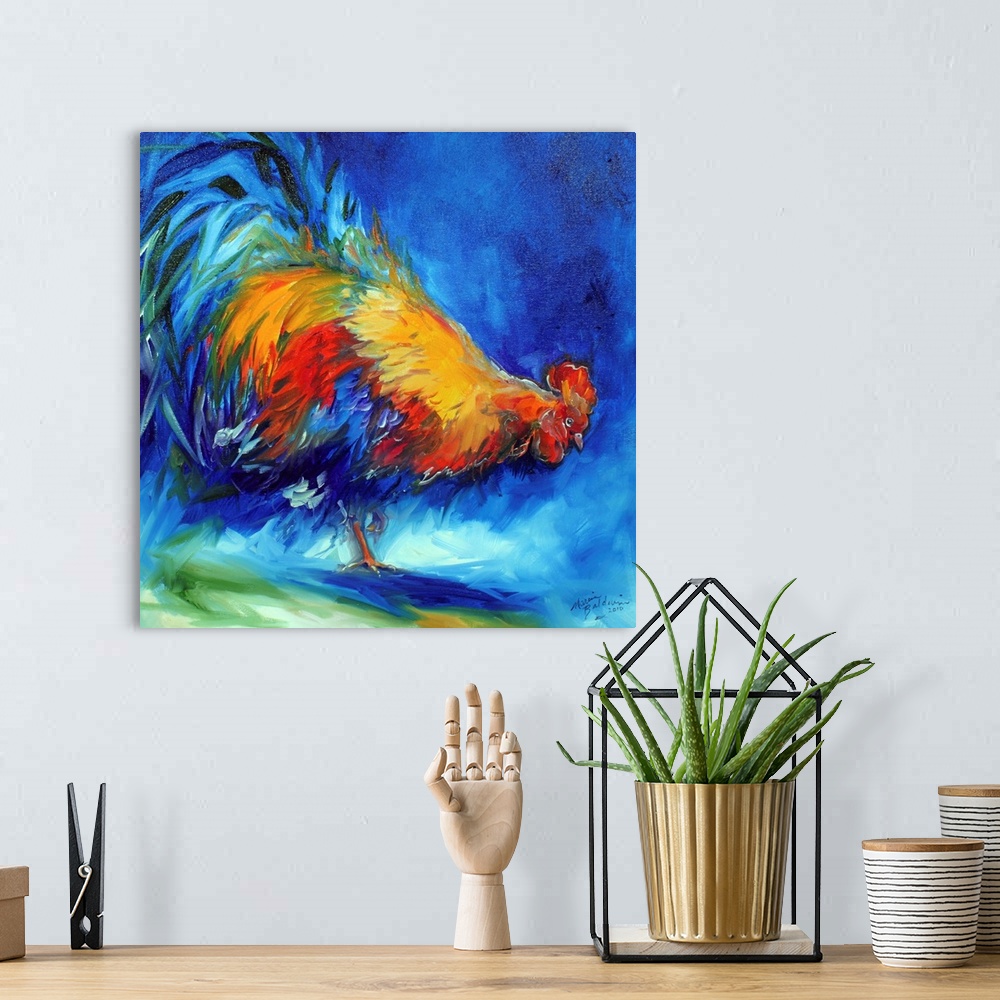 A bohemian room featuring Square painting of a colorful rooster created with vibrant blue, red, and gold hues.