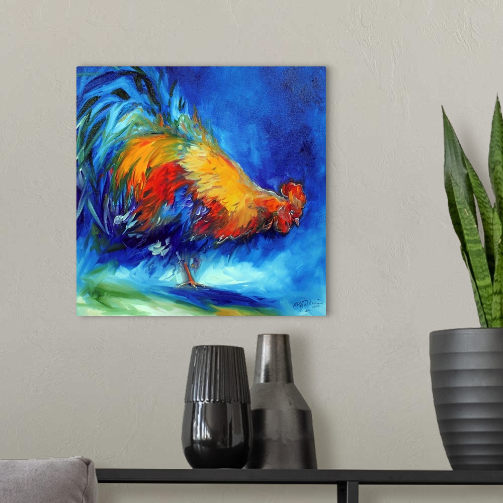 A modern room featuring Square painting of a colorful rooster created with vibrant blue, red, and gold hues.