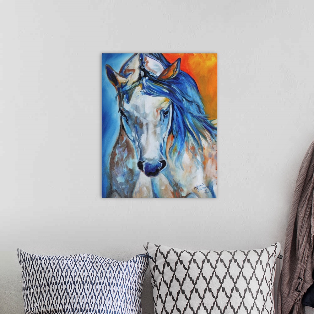 A bohemian room featuring Contemporary painting of a white and blue horse with warm tones mixed in on a half blue and half ...