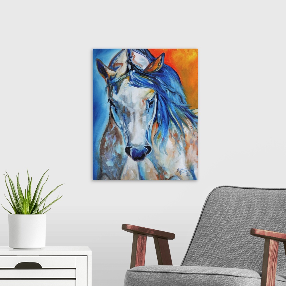 A modern room featuring Contemporary painting of a white and blue horse with warm tones mixed in on a half blue and half ...