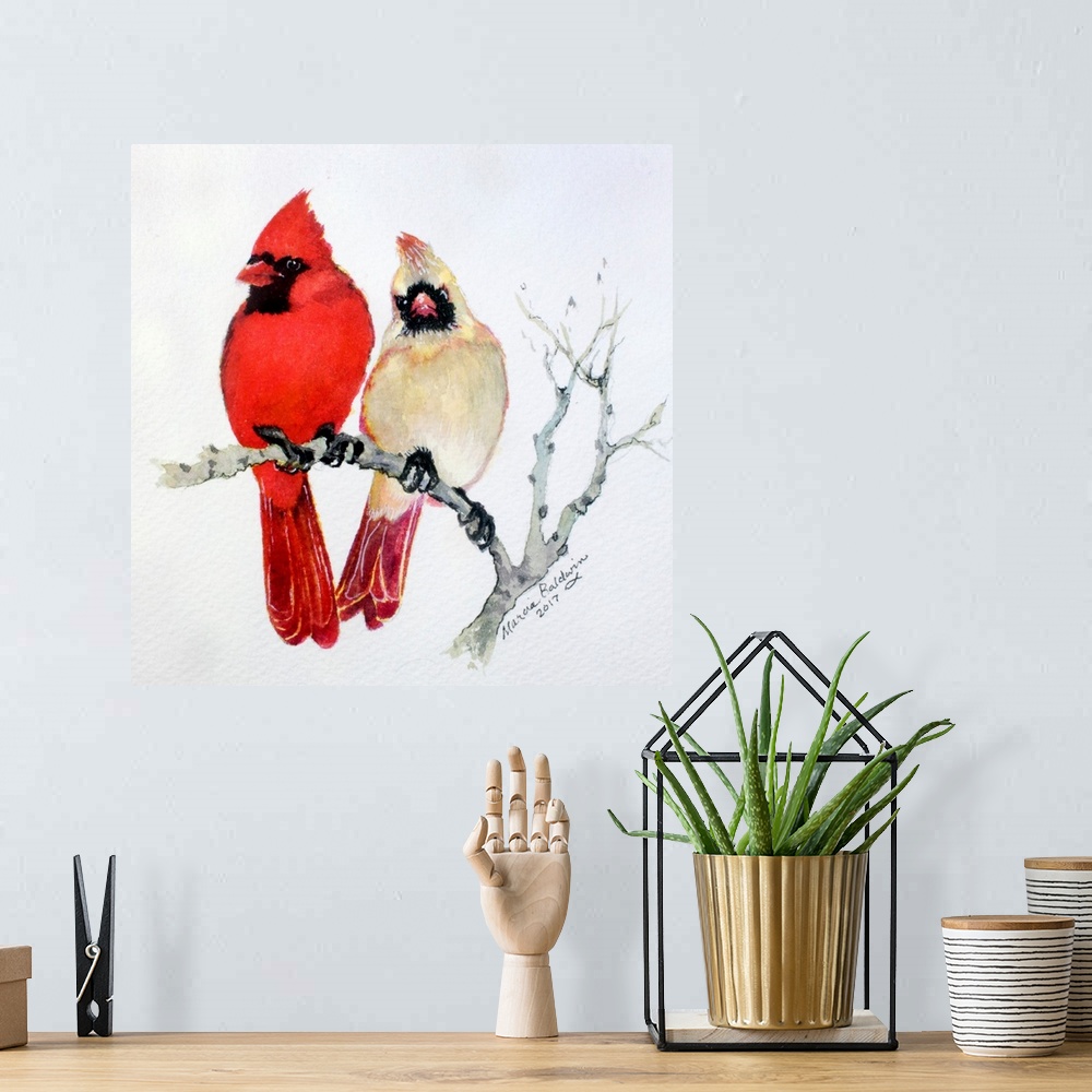 A bohemian room featuring Watercolor painting of two cardinals, one male (red) and one female (off red), perched on a Winte...