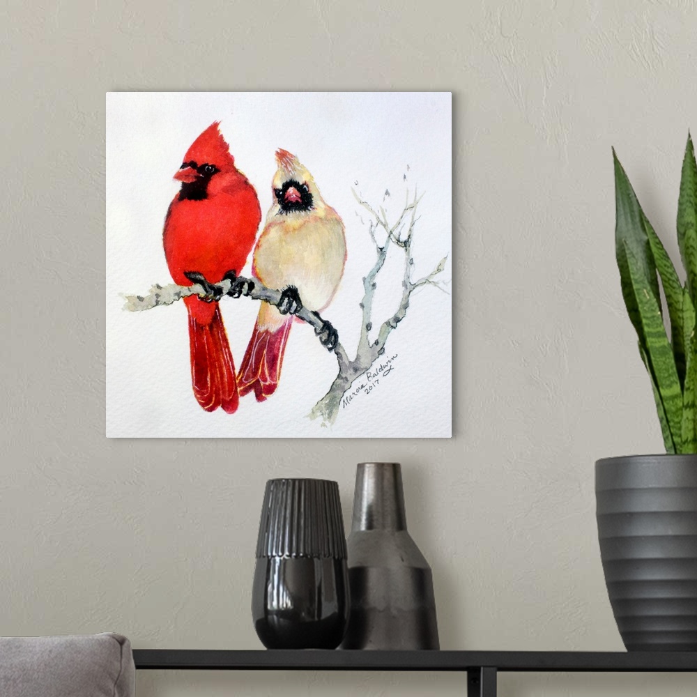 A modern room featuring Watercolor painting of two cardinals, one male (red) and one female (off red), perched on a Winte...