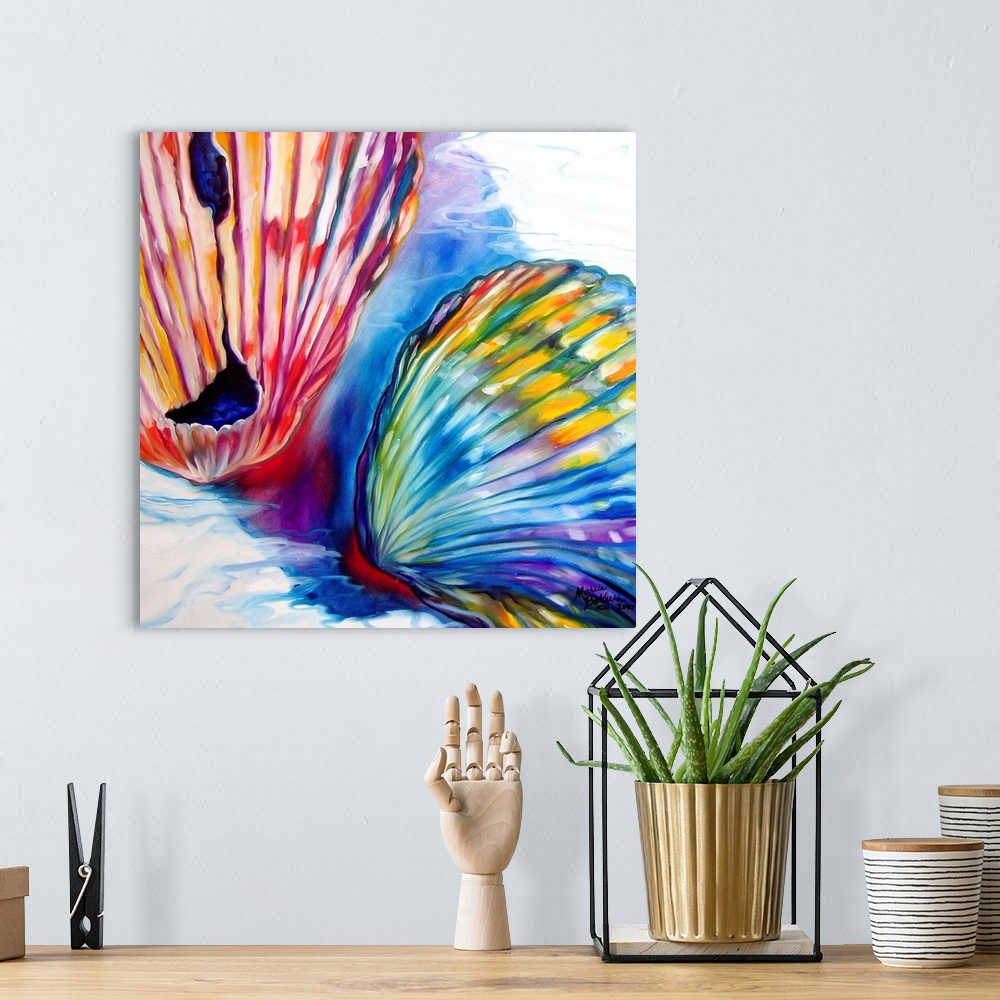 A bohemian room featuring Square painting of colorful seashells on a cool toned, sandy beach.