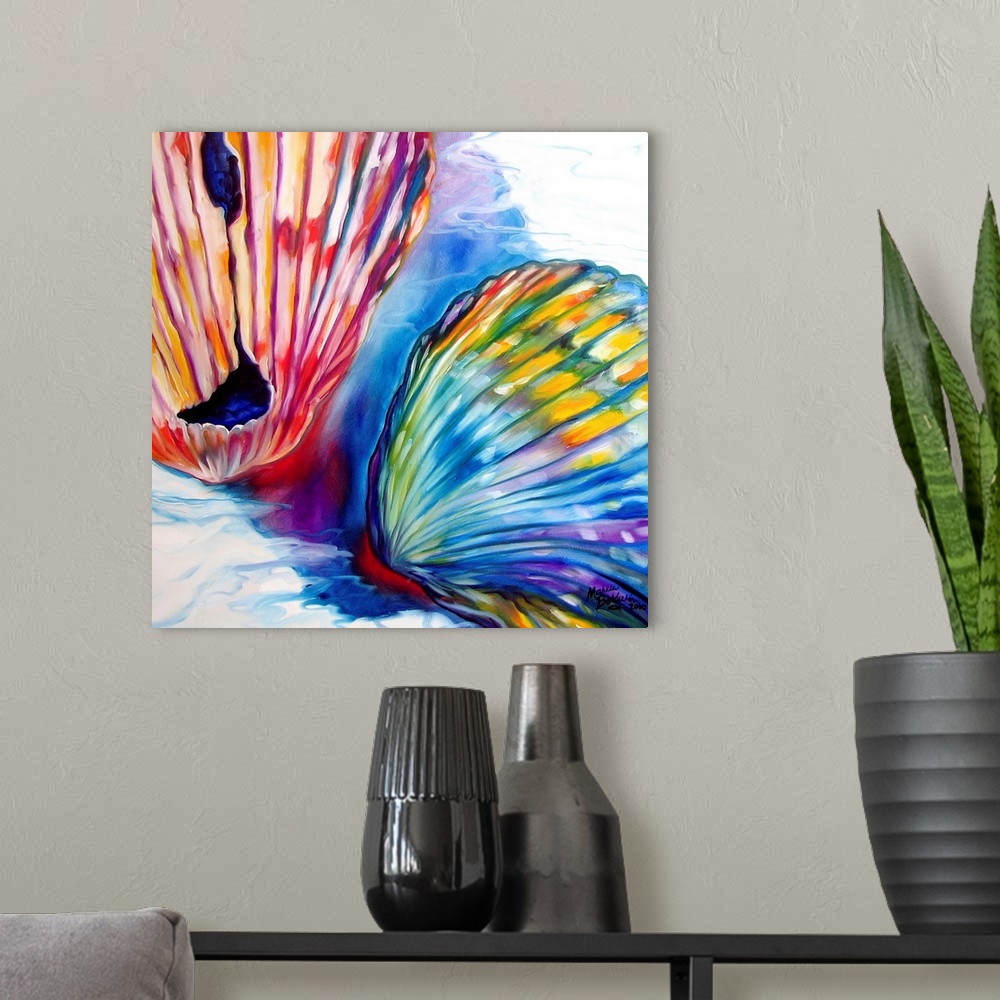 A modern room featuring Square painting of colorful seashells on a cool toned, sandy beach.