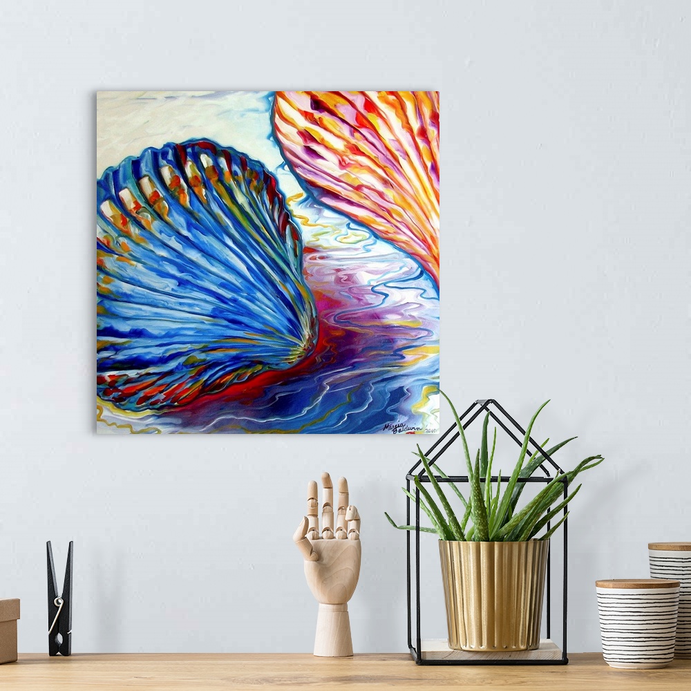 A bohemian room featuring Square painting of colorful seashells on a background with yellow, blue, and white wavy lines rep...
