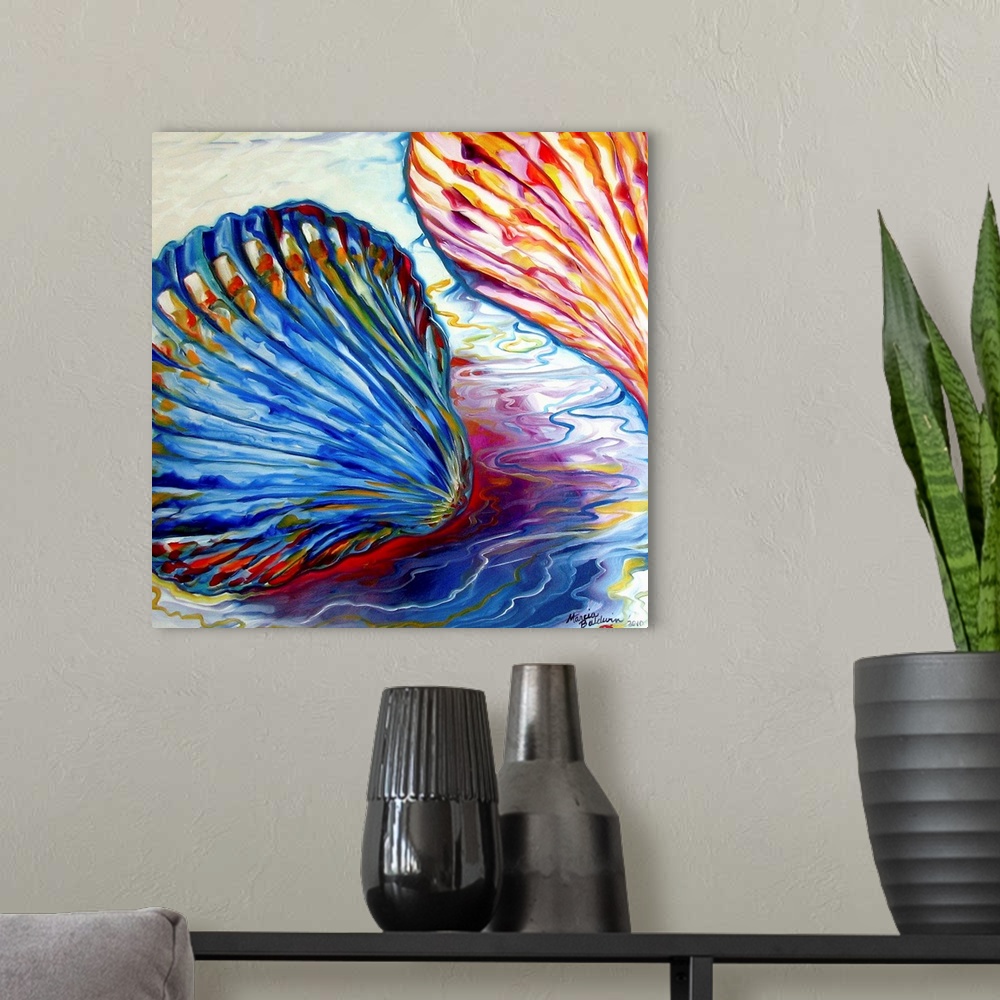 A modern room featuring Square painting of colorful seashells on a background with yellow, blue, and white wavy lines rep...