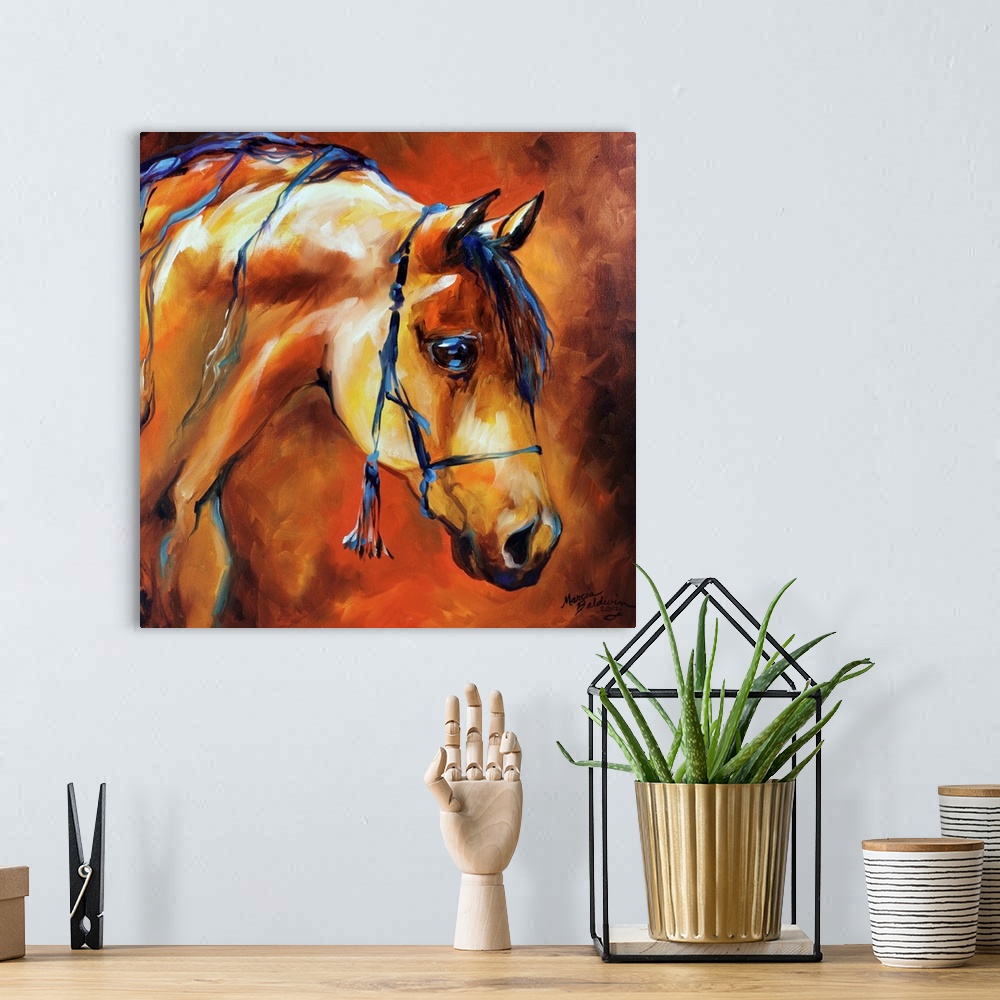 A bohemian room featuring Square painting of the Arabian Show Halter Horse in warm hones with some blue hair on its mane.