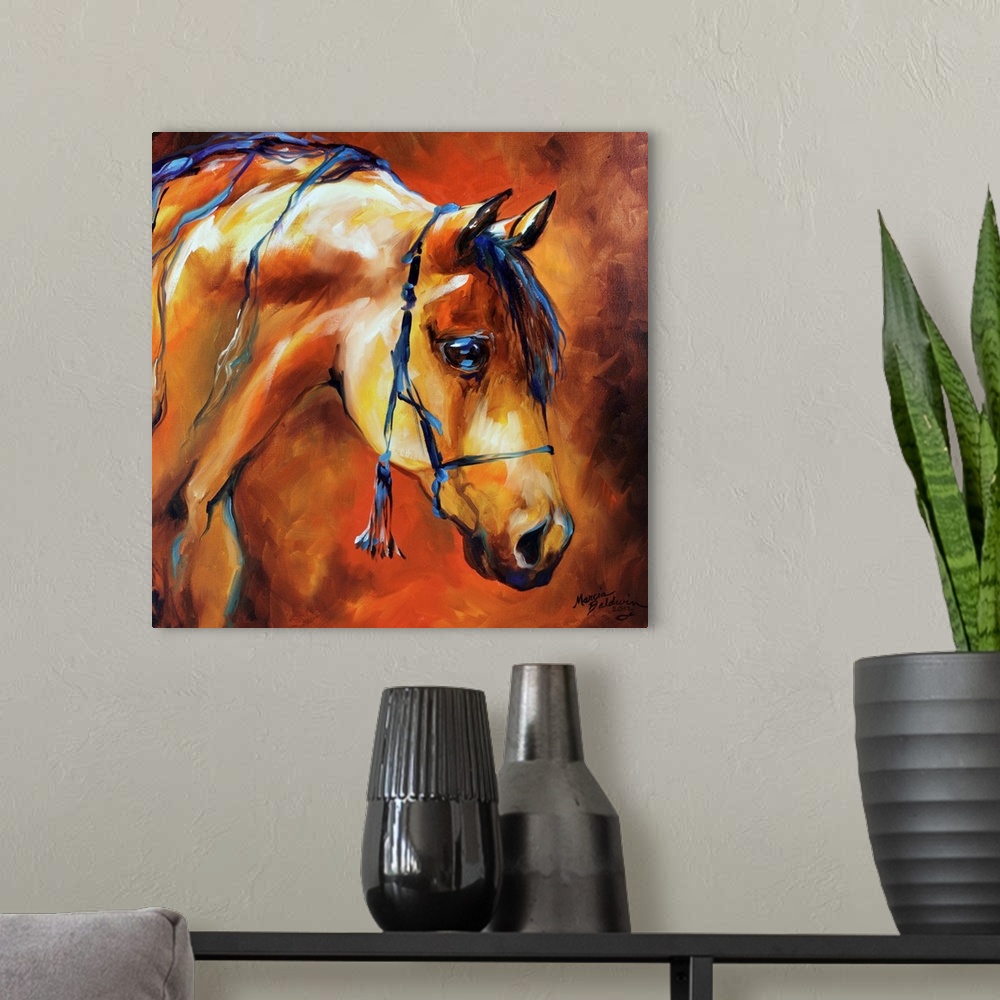 A modern room featuring Square painting of the Arabian Show Halter Horse in warm hones with some blue hair on its mane.