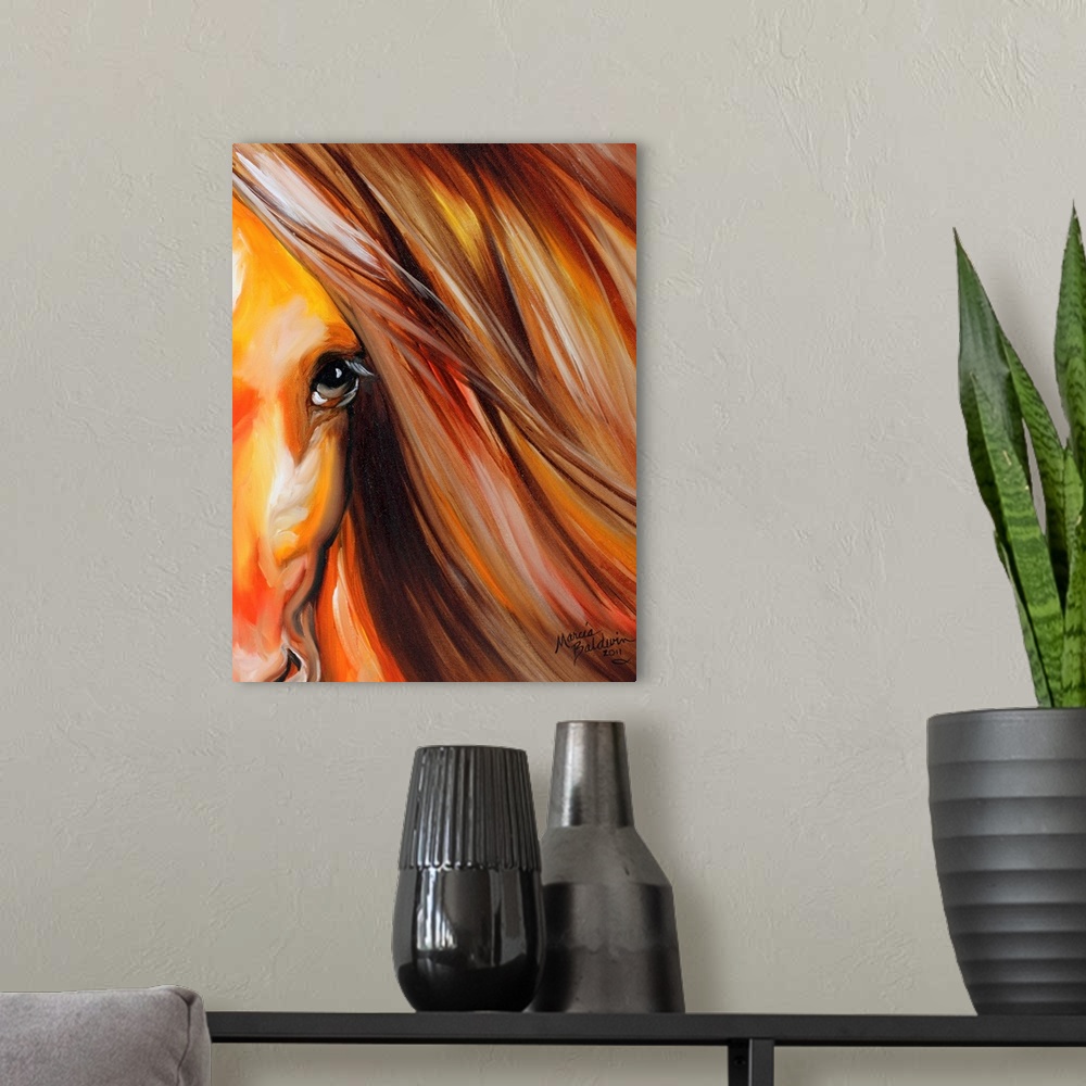 A modern room featuring Contemporary painting of half of a horse's face with its beautifully flowing mane on the side.