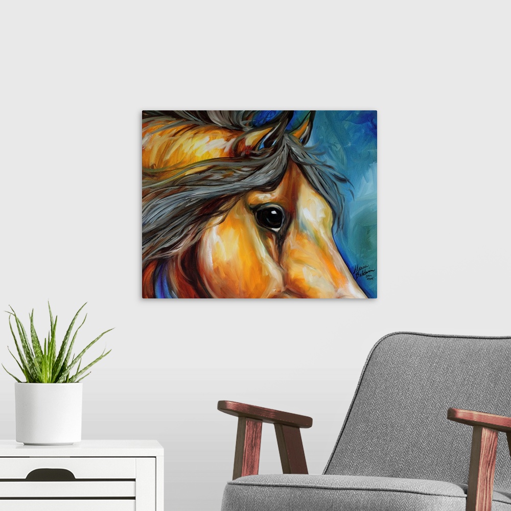 A modern room featuring Contemporary painting of a brown horse with a black mane on a background made with shades of blue.