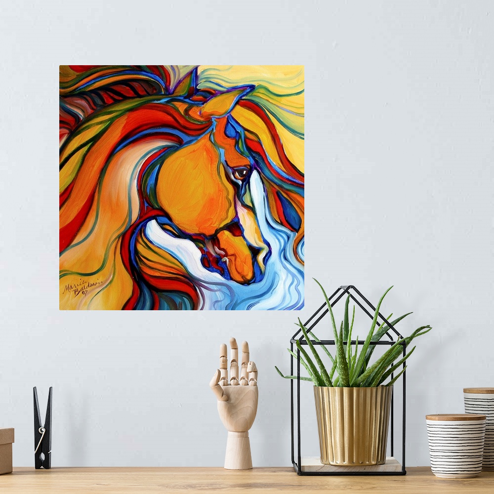 A bohemian room featuring Square painting of an abstract horse with vibrant colors.