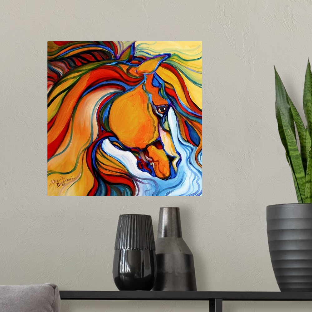 A modern room featuring Square painting of an abstract horse with vibrant colors.
