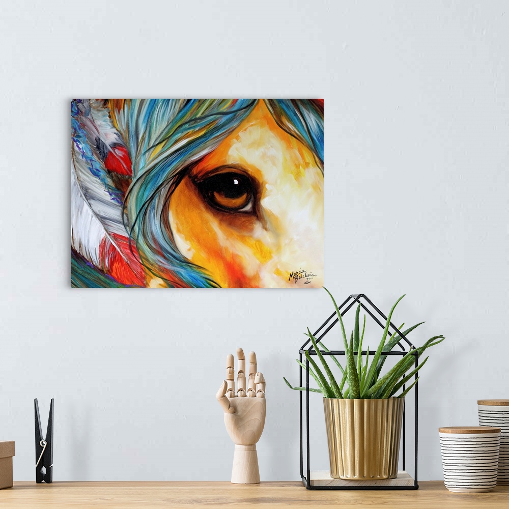 A bohemian room featuring Contemporary painting of a horse close-up with a beautiful brown eye and colorful mane with feath...