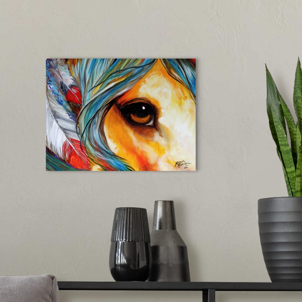 A modern room featuring Contemporary painting of a horse close-up with a beautiful brown eye and colorful mane with feath...