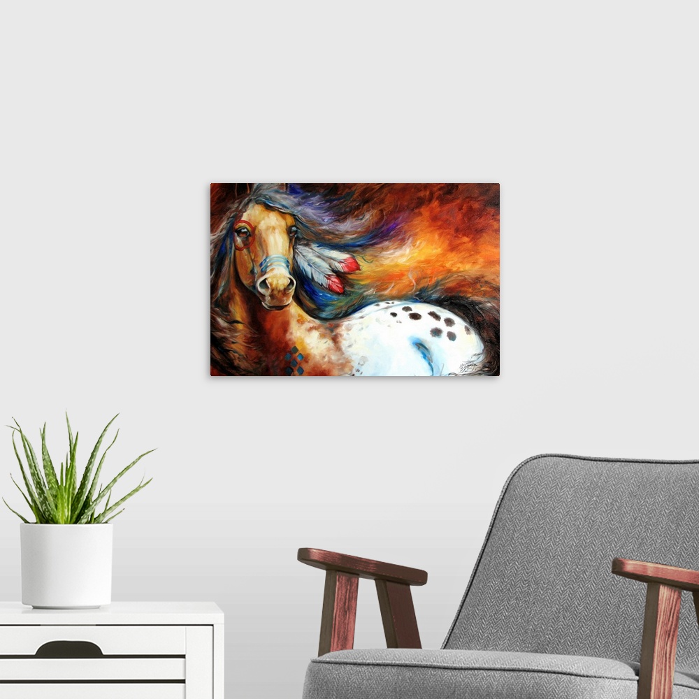 A modern room featuring Contemporary painting depicting the bold spirit of the equine appaloosa with feathers in its mane...