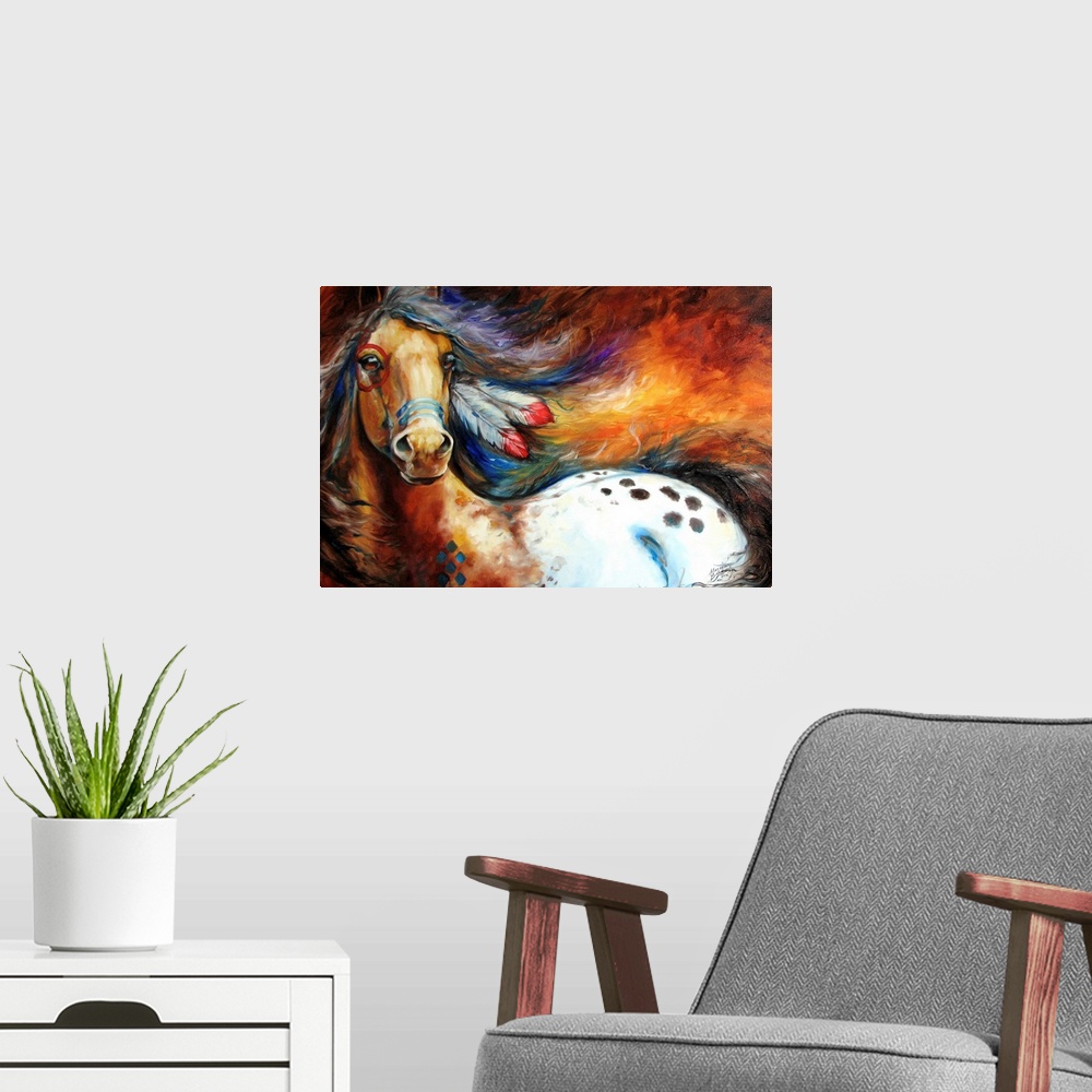 A modern room featuring Contemporary painting depicting the bold spirit of the equine appaloosa with feathers in its mane...