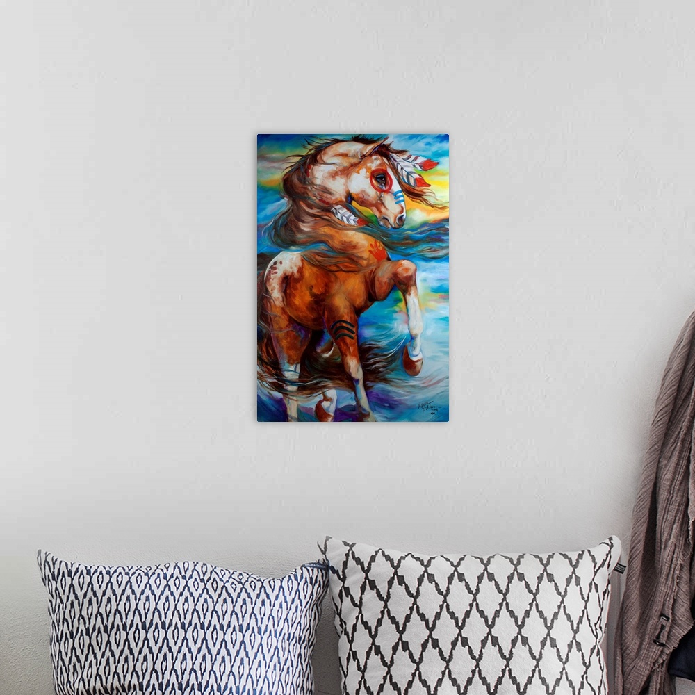 A bohemian room featuring Contemporary painting of an Indian War Horse in action on a colorful, abstract background.