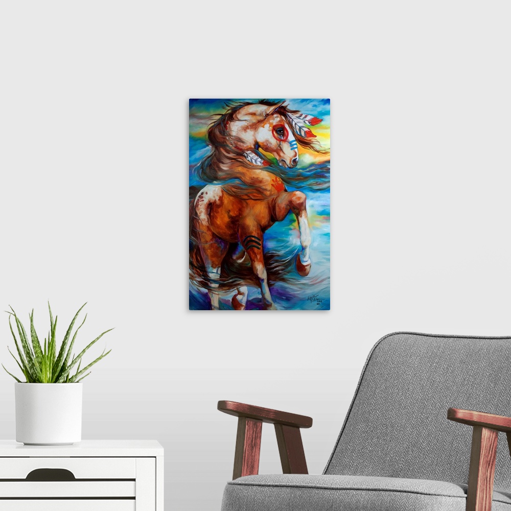 A modern room featuring Contemporary painting of an Indian War Horse in action on a colorful, abstract background.