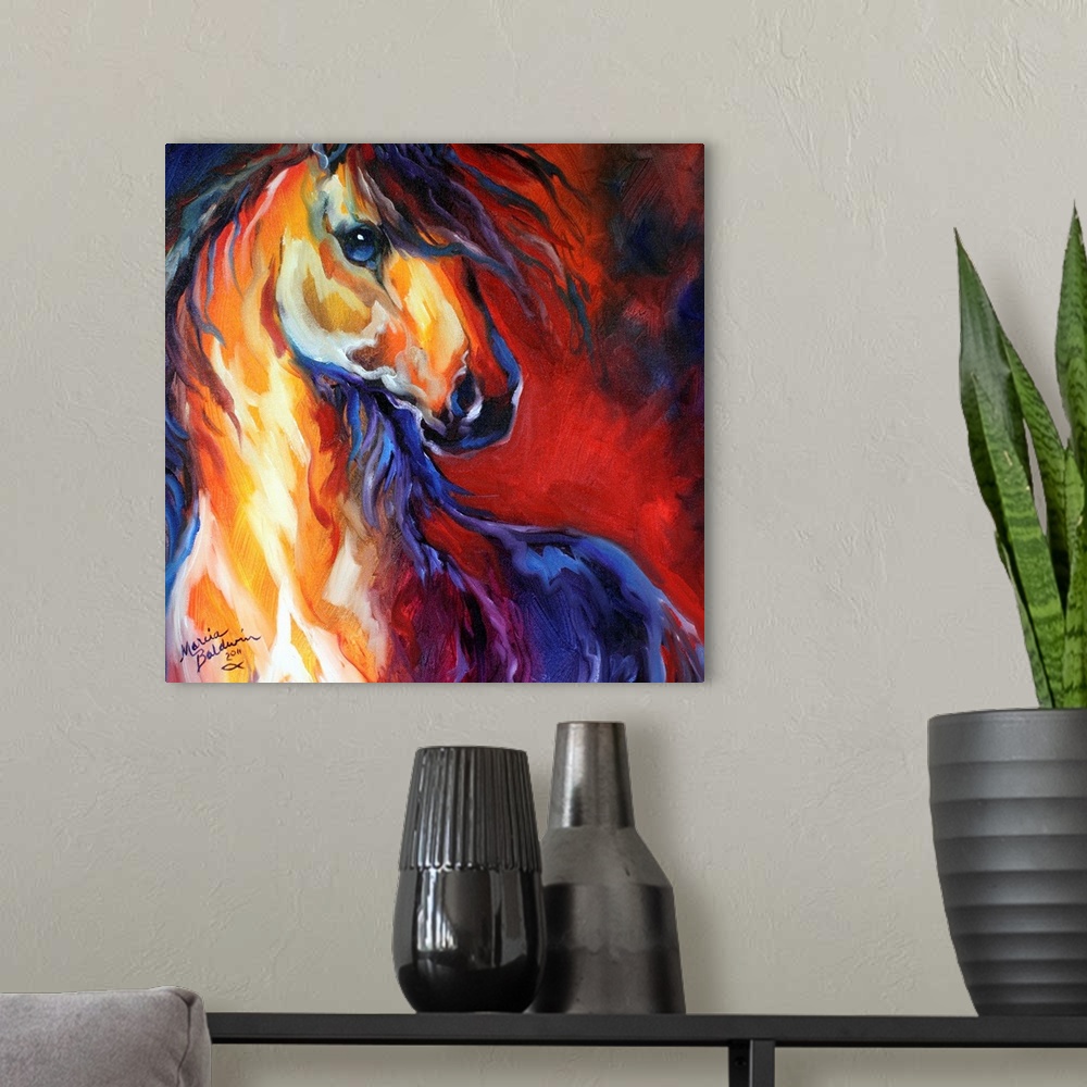 A modern room featuring Square abstract painting of a bold stallion in a southwest color palette.