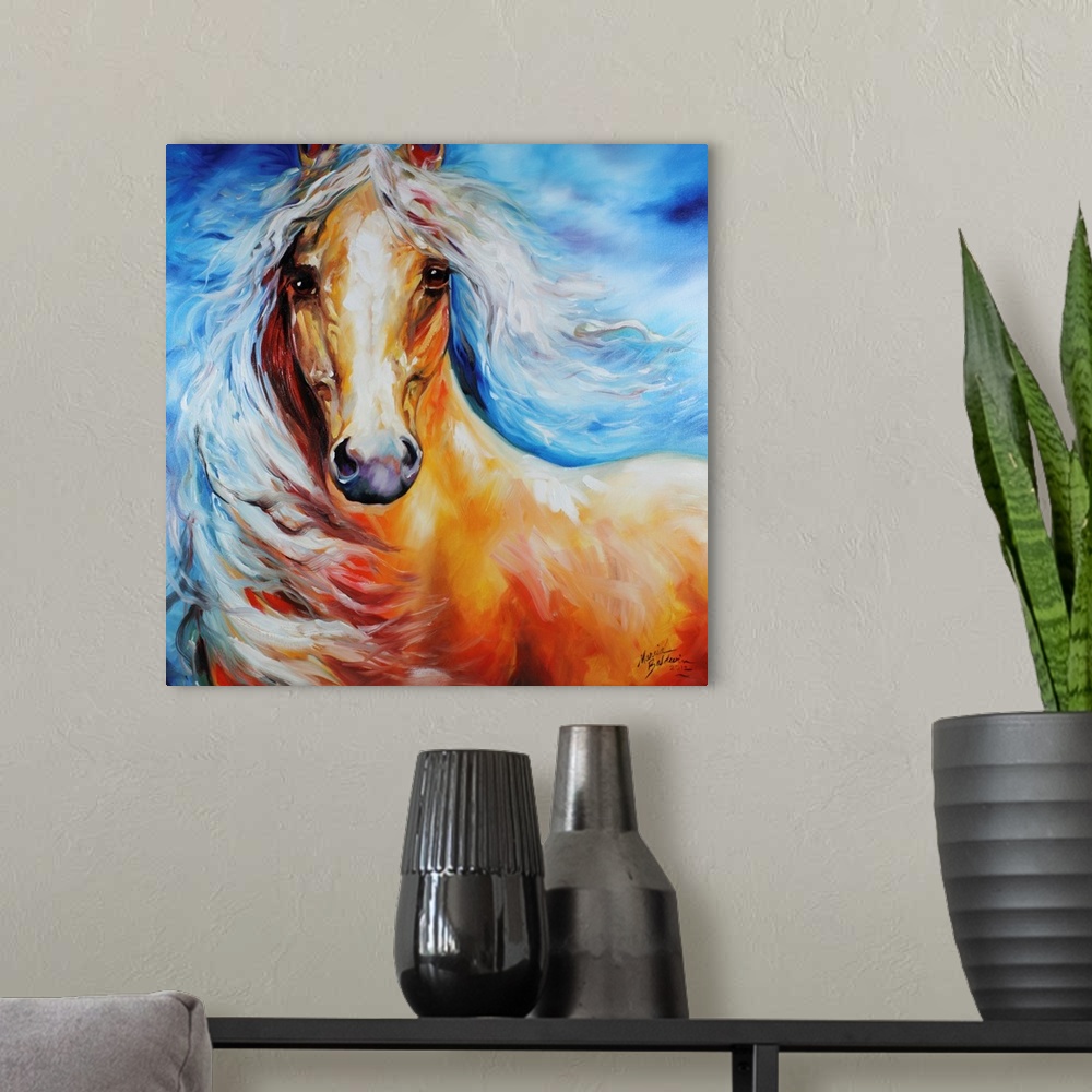 A modern room featuring Painting of a horse with a white flowing mane on a square blue background.