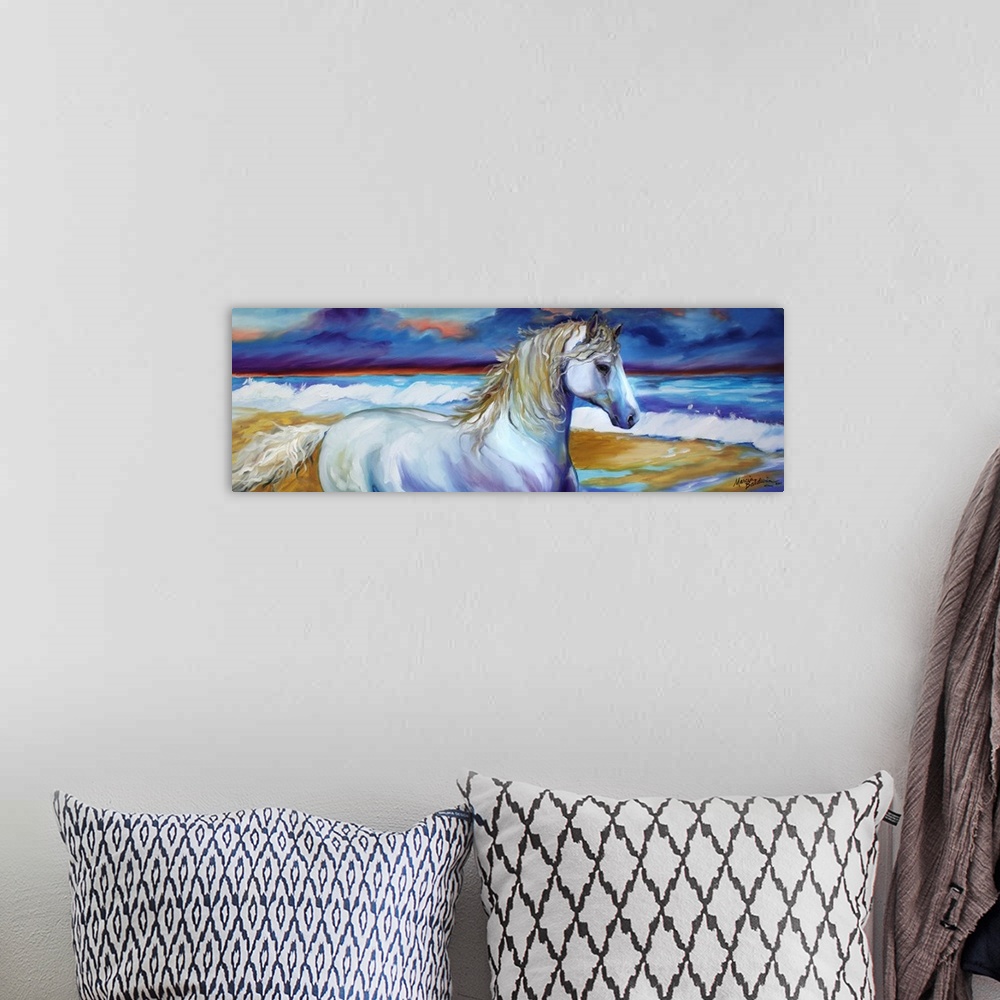 A bohemian room featuring Panoramic painting of a white horse with a beach blown mane on the shore with the ocean and drama...