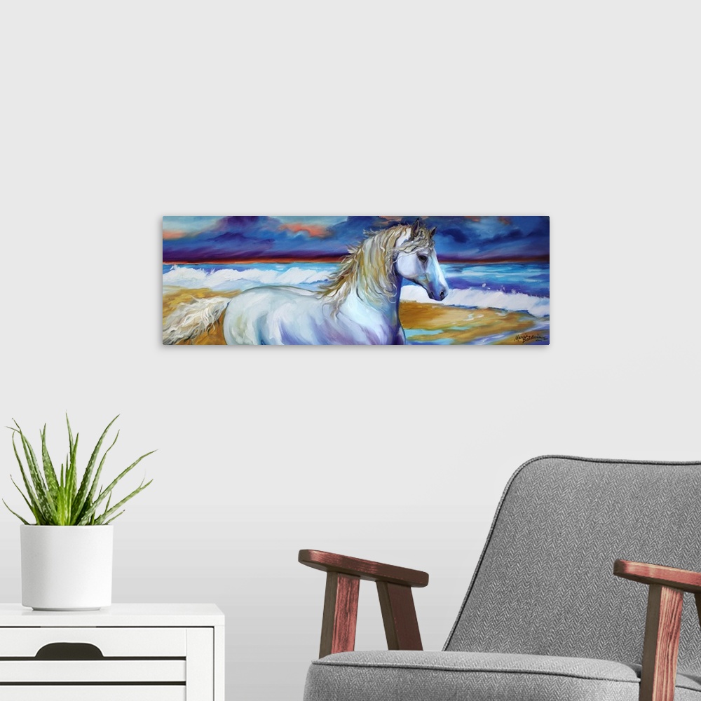 A modern room featuring Panoramic painting of a white horse with a beach blown mane on the shore with the ocean and drama...