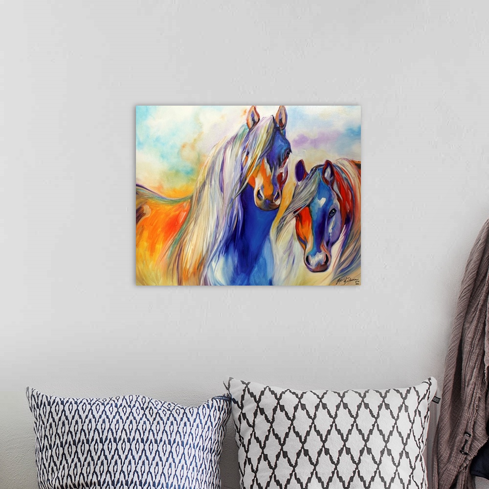A bohemian room featuring Contemporary painting of two colorful horses standing next to each other with beautifully flowing...