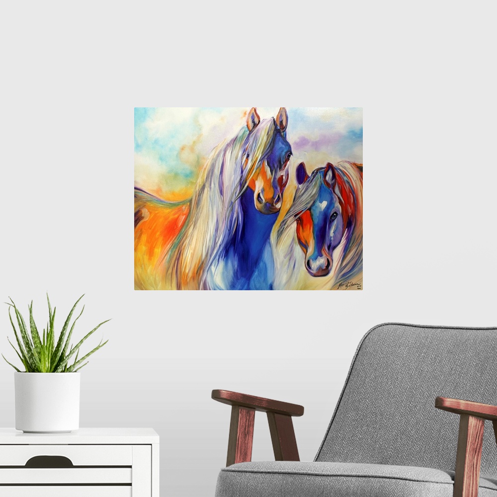 A modern room featuring Contemporary painting of two colorful horses standing next to each other with beautifully flowing...
