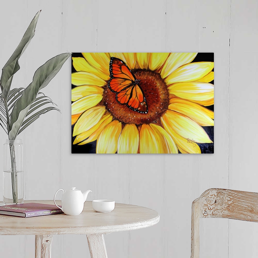 A farmhouse room featuring Contemporary painting of a sunflower with an orange butterfly in the center.