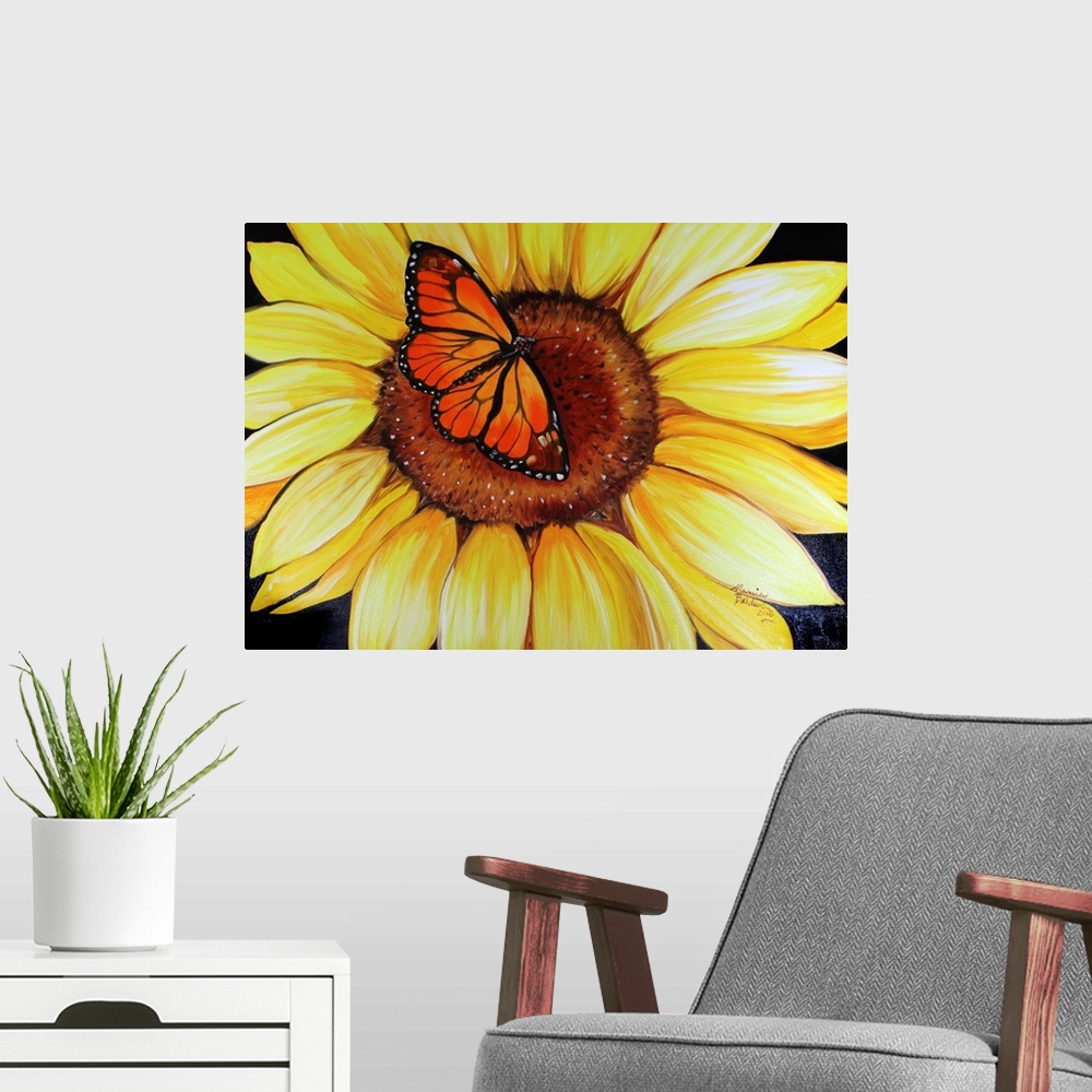 A modern room featuring Contemporary painting of a sunflower with an orange butterfly in the center.