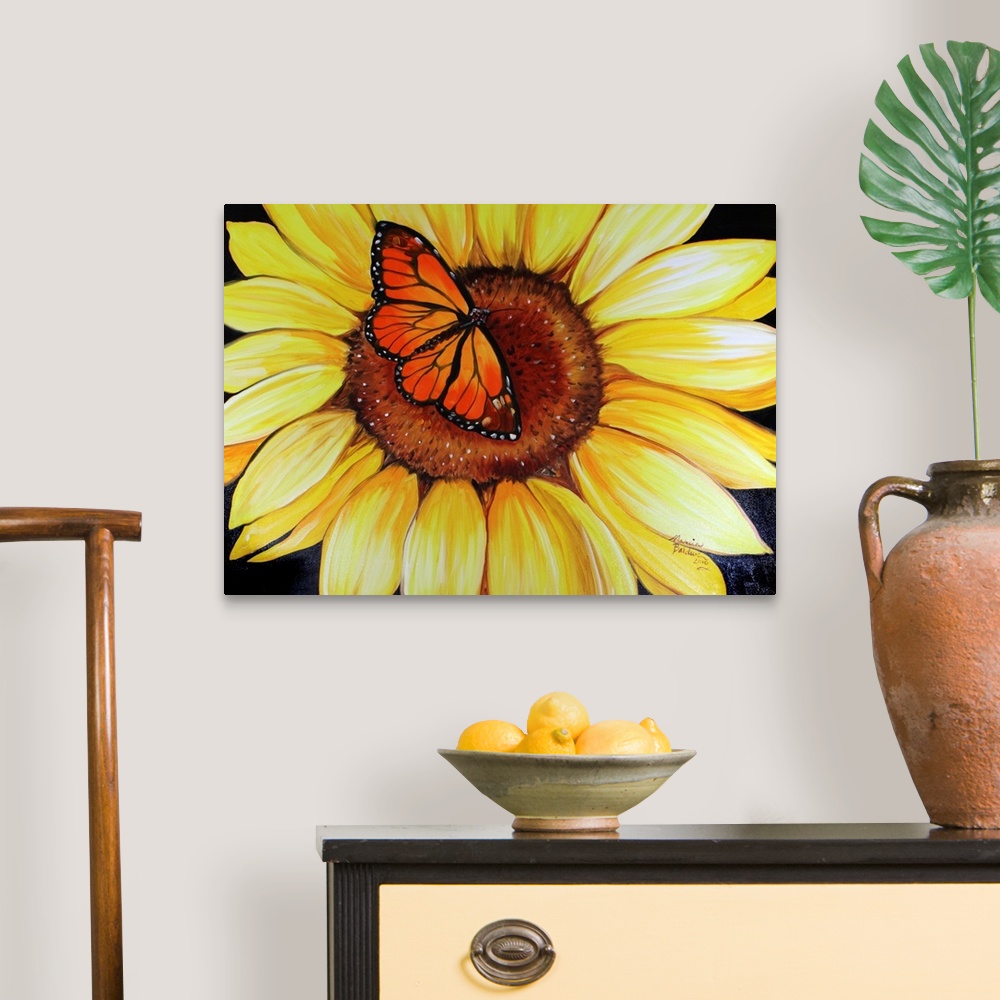 A traditional room featuring Contemporary painting of a sunflower with an orange butterfly in the center.
