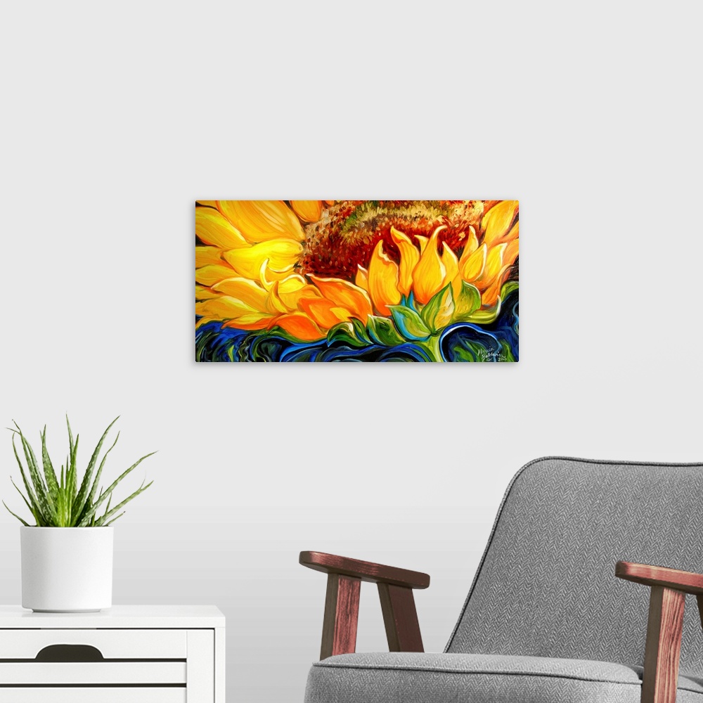 A modern room featuring Wide painting of a sunflower close up with an abstract blue, black, and green background.