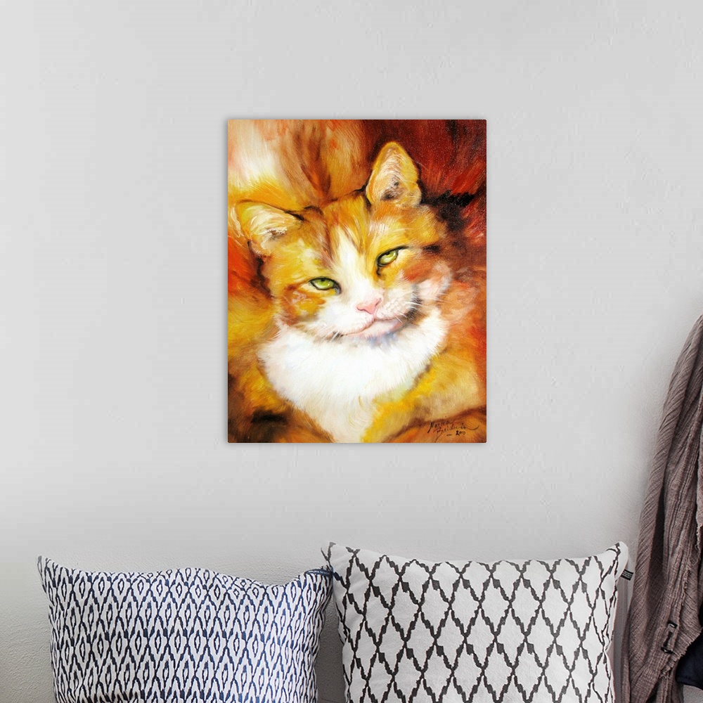A bohemian room featuring Painting of an orange and white cat on a warm, abstract background.