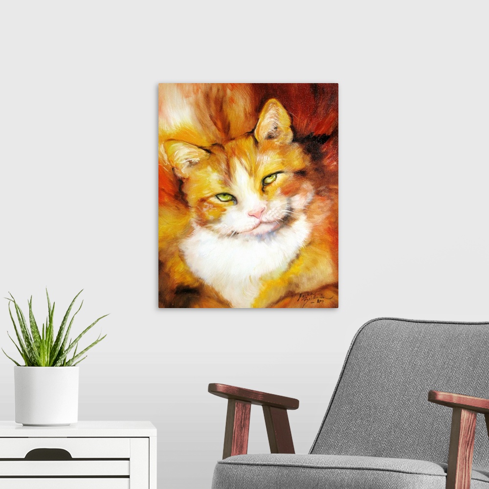 A modern room featuring Painting of an orange and white cat on a warm, abstract background.