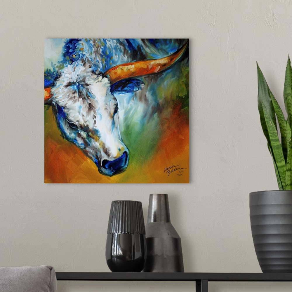 A modern room featuring Square abstract painting depicting the magnificent Texas Longhorn.
