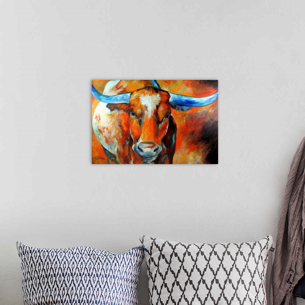 A bohemian room featuring Contemporary painting of a  Texas Longhorn in warm tones with cool blue horns.