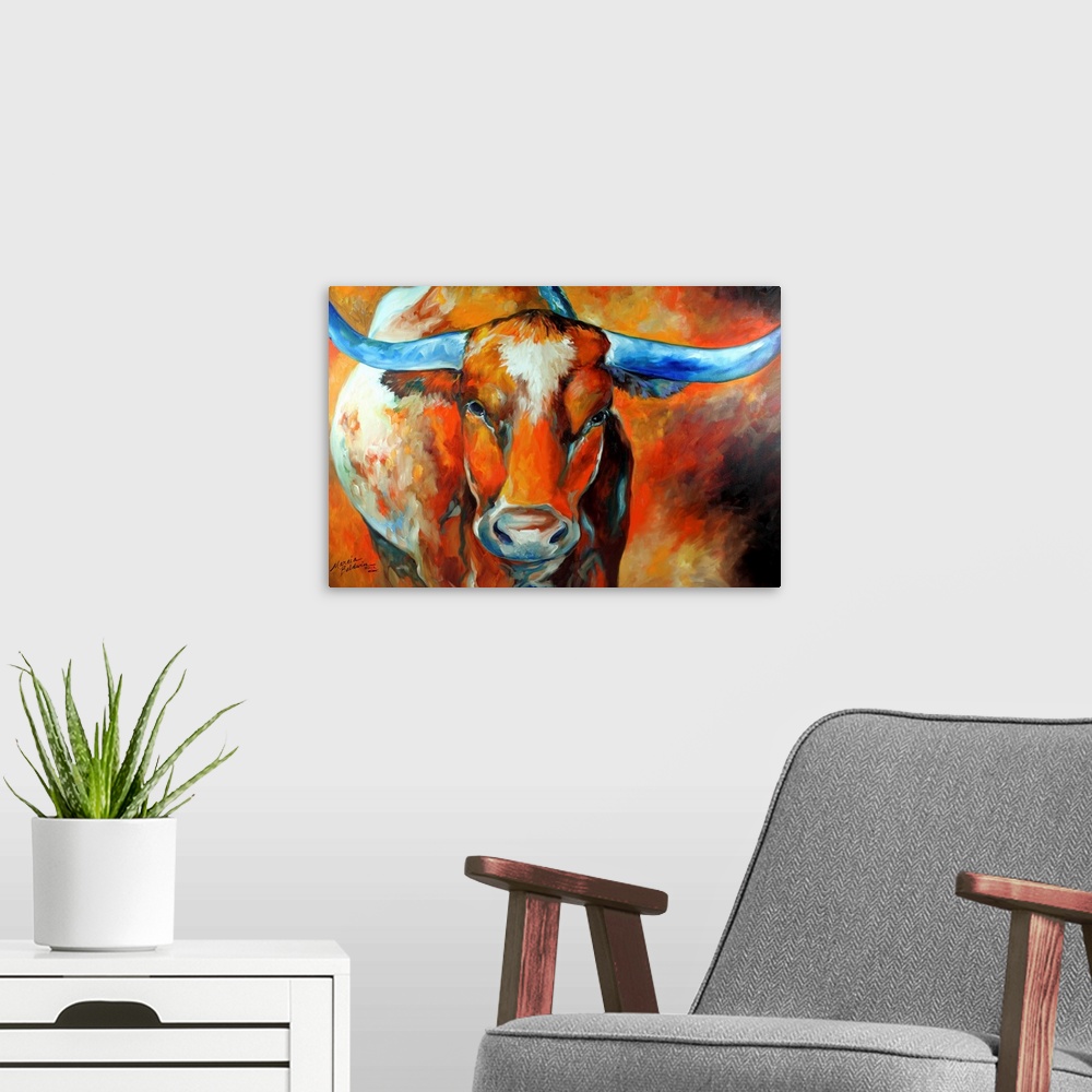 A modern room featuring Contemporary painting of a  Texas Longhorn in warm tones with cool blue horns.