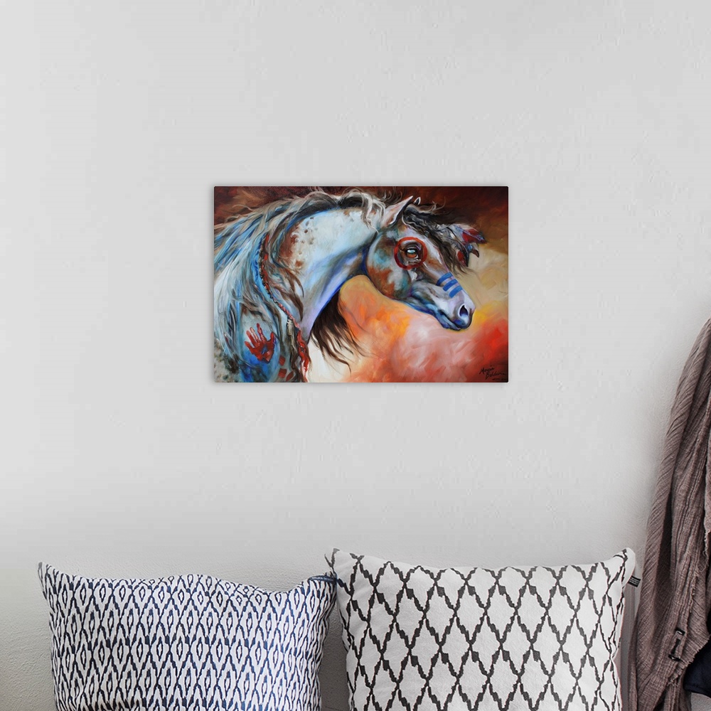 A bohemian room featuring Contemporary painting of an Indian War Horse with red and blue body paint and flowers in its mane...