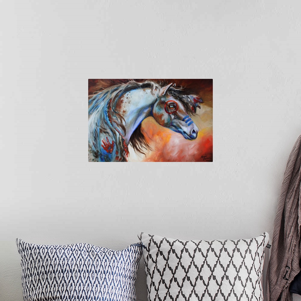 A bohemian room featuring Contemporary painting of an Indian War Horse with red and blue body paint and flowers in its mane...
