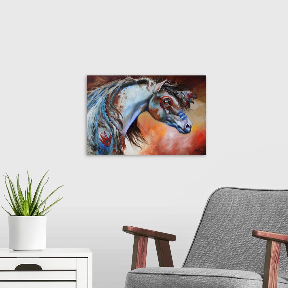 A modern room featuring Contemporary painting of an Indian War Horse with red and blue body paint and flowers in its mane...