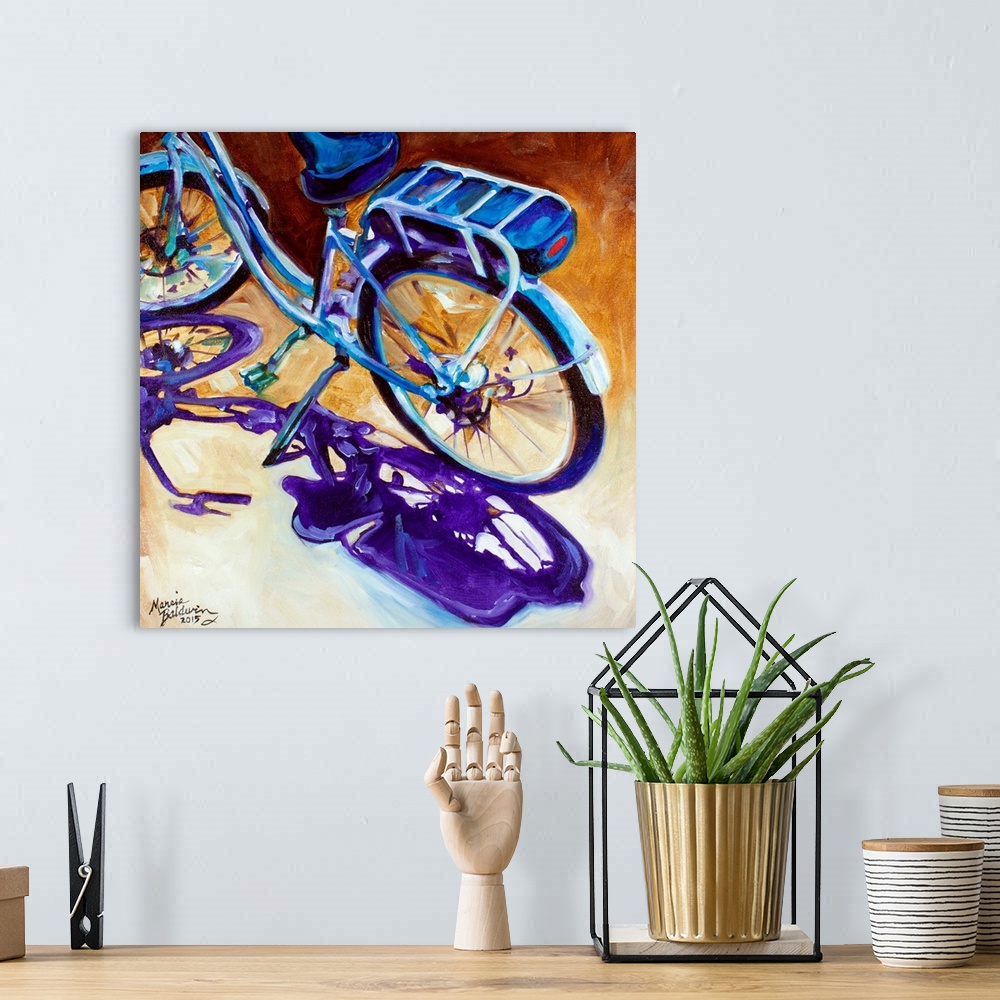 A bohemian room featuring Contemporary painting of a bicycle in cool tones with a purple shadow on a brown and cream square...