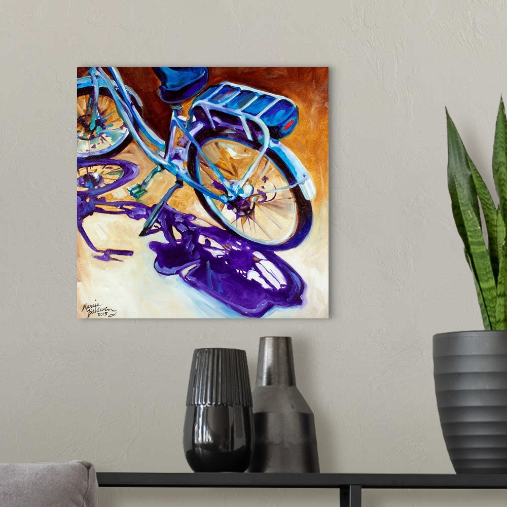 A modern room featuring Contemporary painting of a bicycle in cool tones with a purple shadow on a brown and cream square...