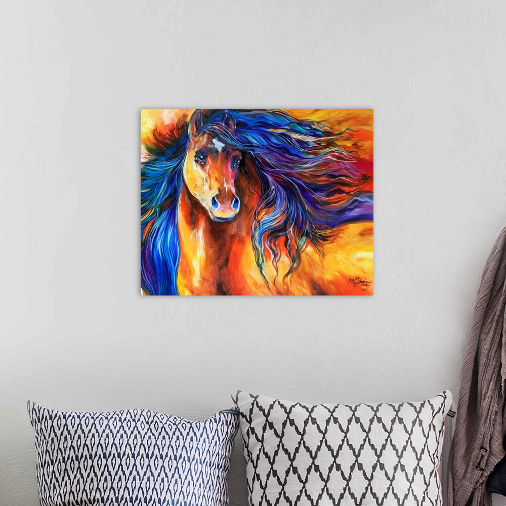 A bohemian room featuring Contemporary painting of a horse with a golden coat and a blue and purple mane blowing all around.