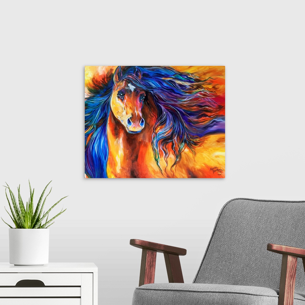 A modern room featuring Contemporary painting of a horse with a golden coat and a blue and purple mane blowing all around.
